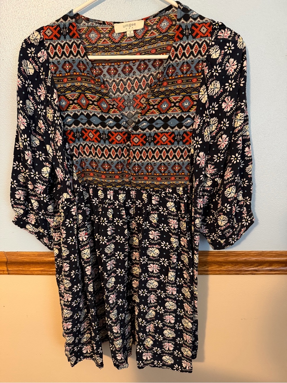 Umgee Black Floral & Aztec Print Boho Dress women’s size medium